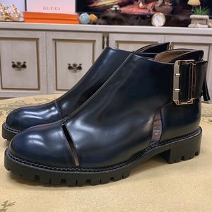 JEFFREY Campbell Blue/Black Brushed Patent Leather Flamel Cutout booties 8.5